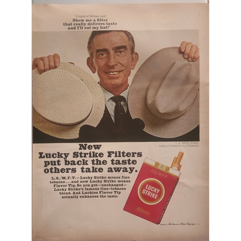 Lucky Strike Magazine Ad 1960s L. A. Speed Riggs Tobacco Filters 10x13